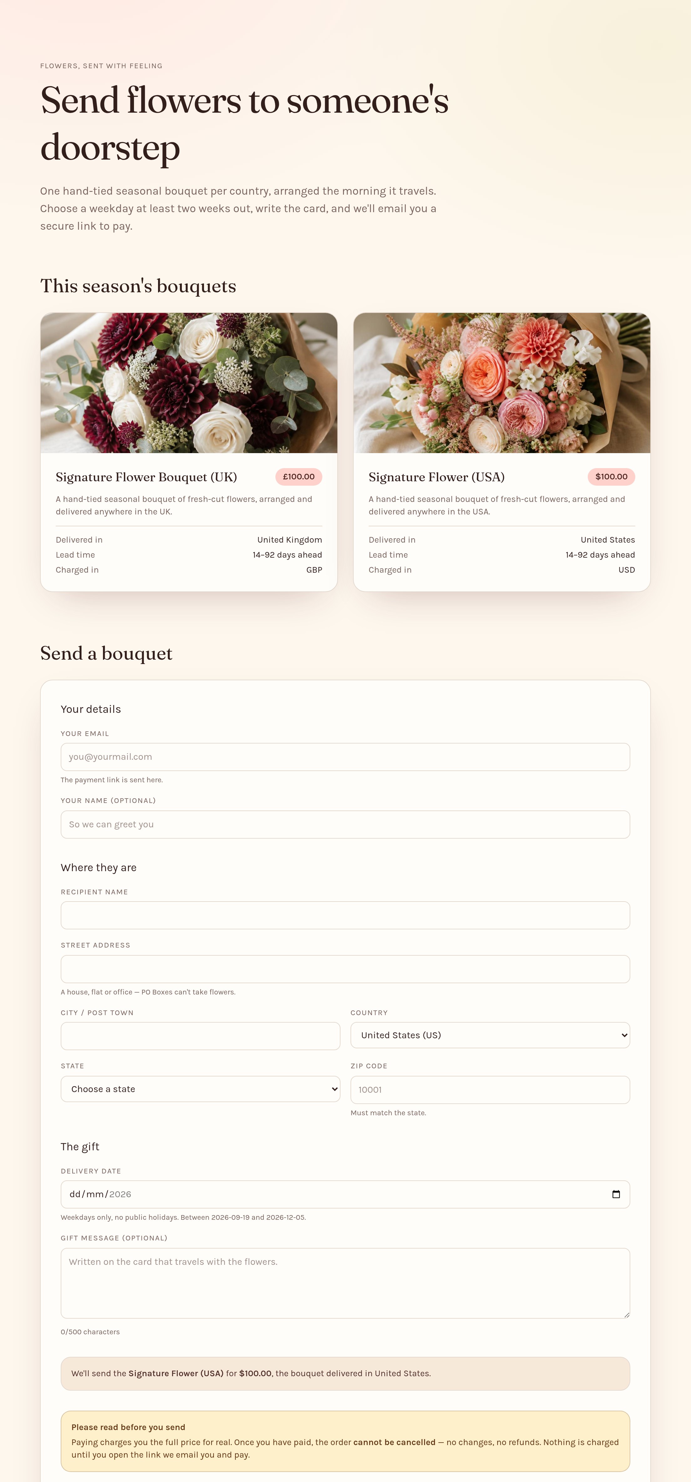 The gift page Lovable built from the prompt: a "Send flowers to someone's doorstep" heading, the UK and USA signature bouquets at £100 and $100, and the order form — payer email, recipient address, delivery date and gift message — ending in the notice that paying charges the full price for real.